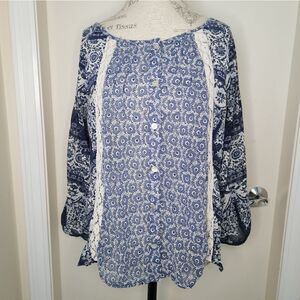 Vintage Contrast Print Crochet Blouse